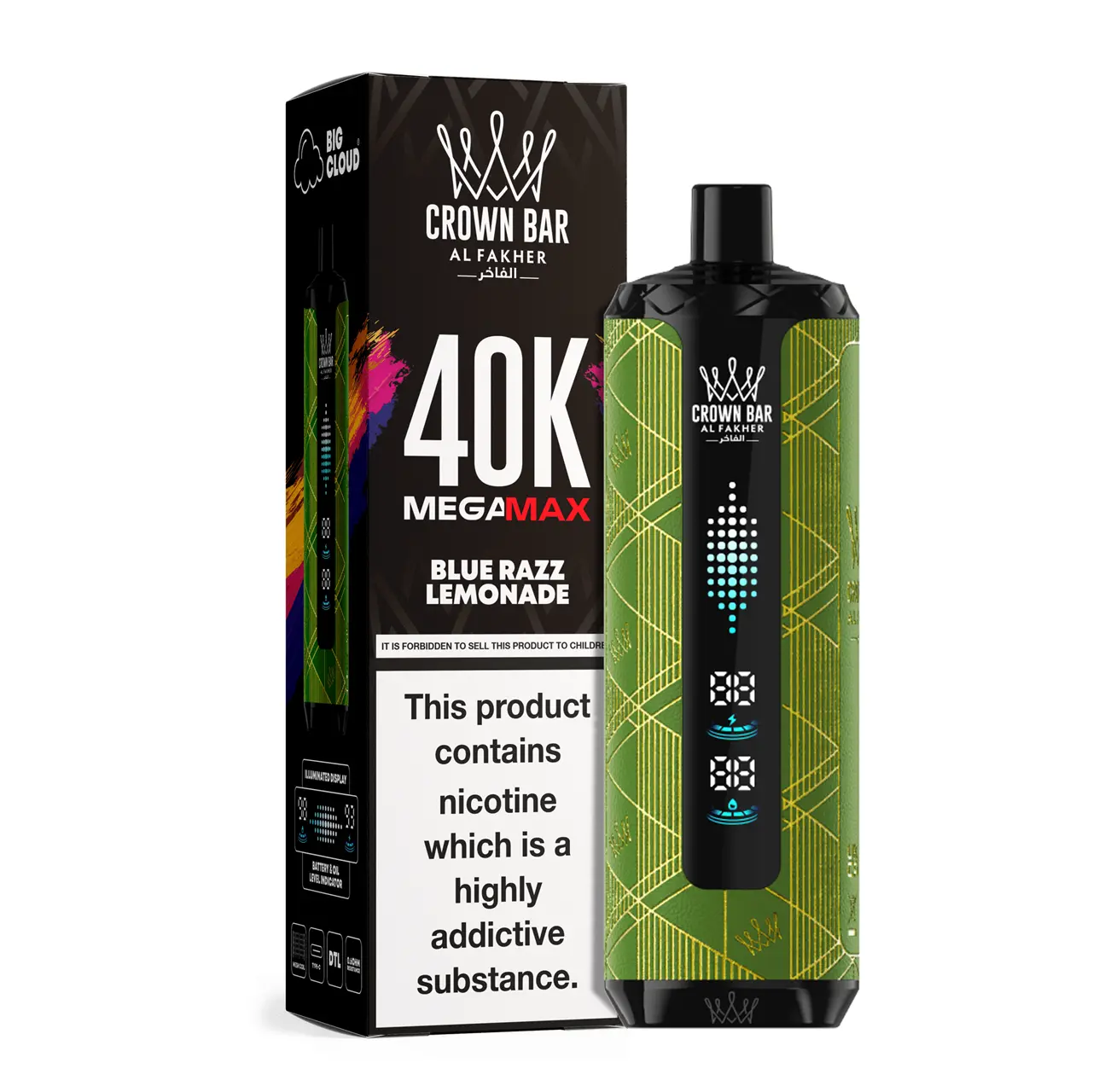 Al Fakher Crown Bar Mega Max 40K Puffs Blue Razz Lemonade Disposable Vape 1 al fakher blue razz lemonade
